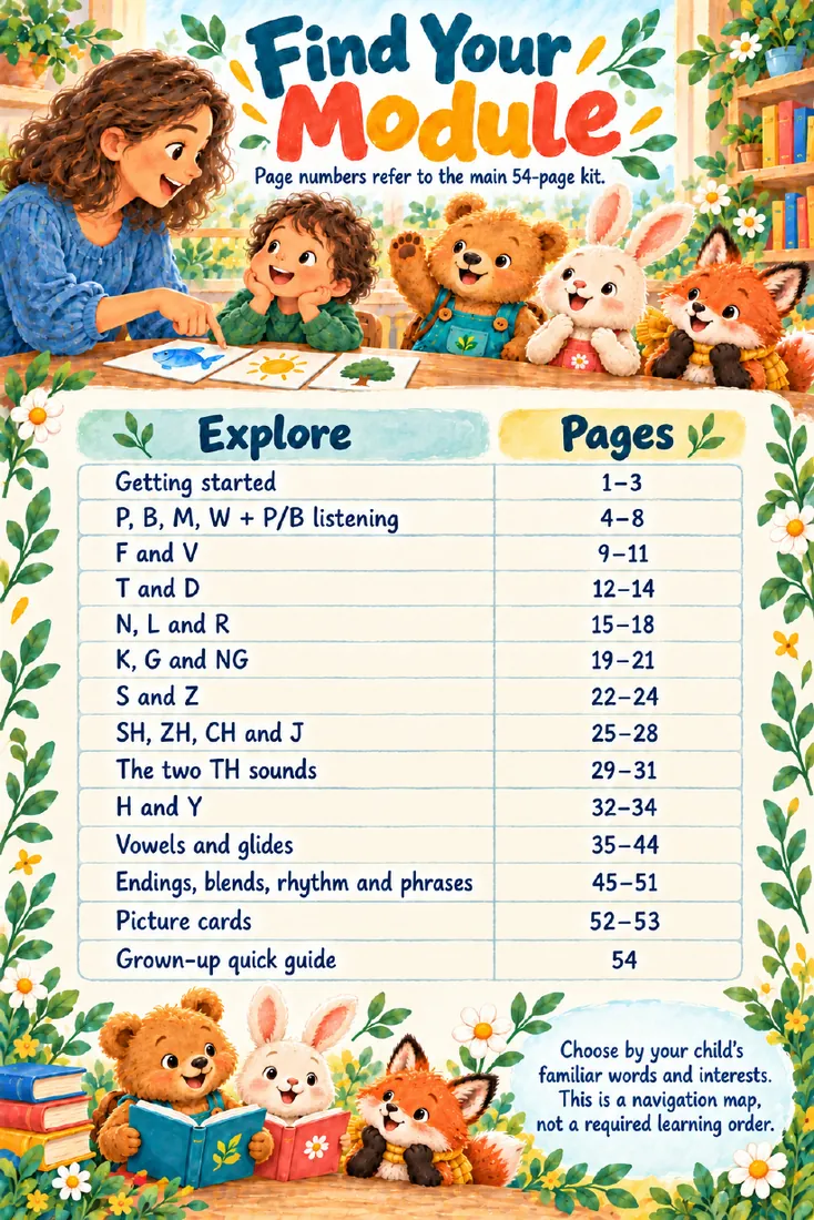 Parent Guide page 'Find Your Module' listing each sound group with its page numbers