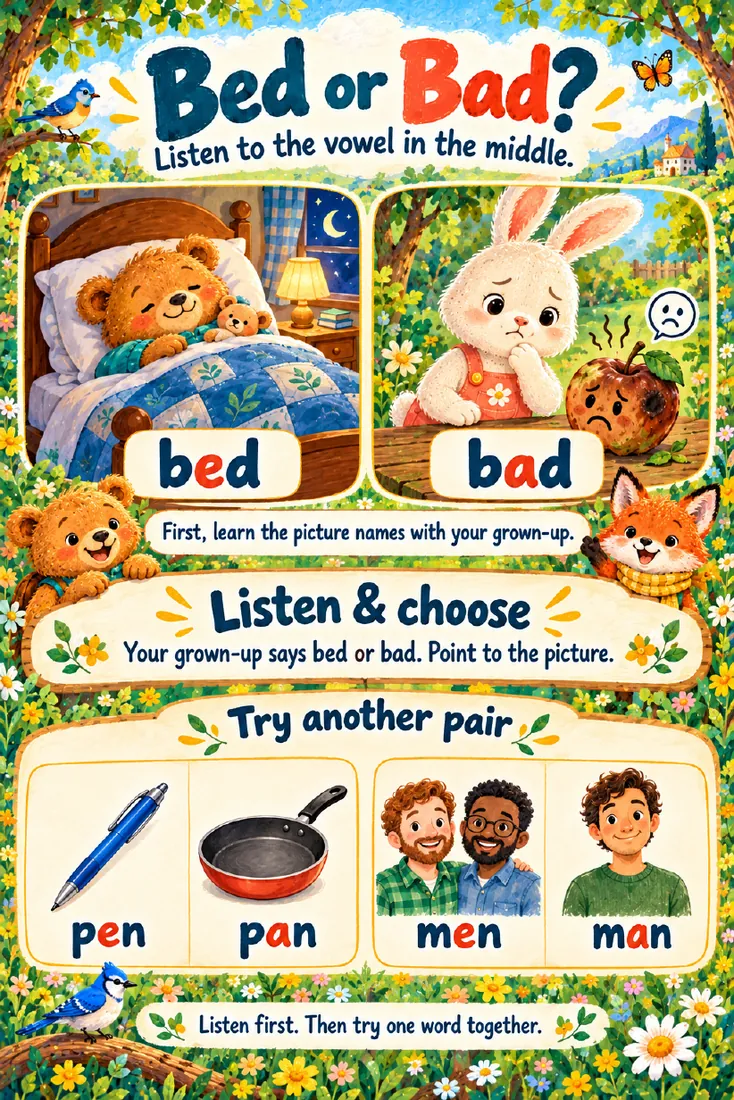 Kit page 'Bed or Bad?' for listening to vowels, with extra pairs pen/pan and men/man