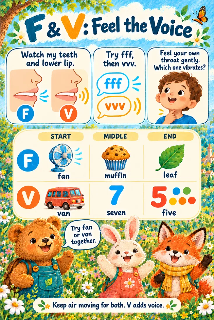 Kit page 'F & V: Feel the Voice' with a child touching their throat to feel which sound vibrates