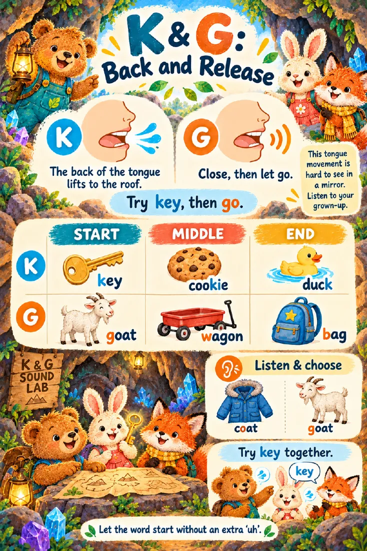 Kit page 'K & G: Back and Release' showing the back of the tongue lifting, with pictures for key, cookie, duck, goat, wagon and bag
