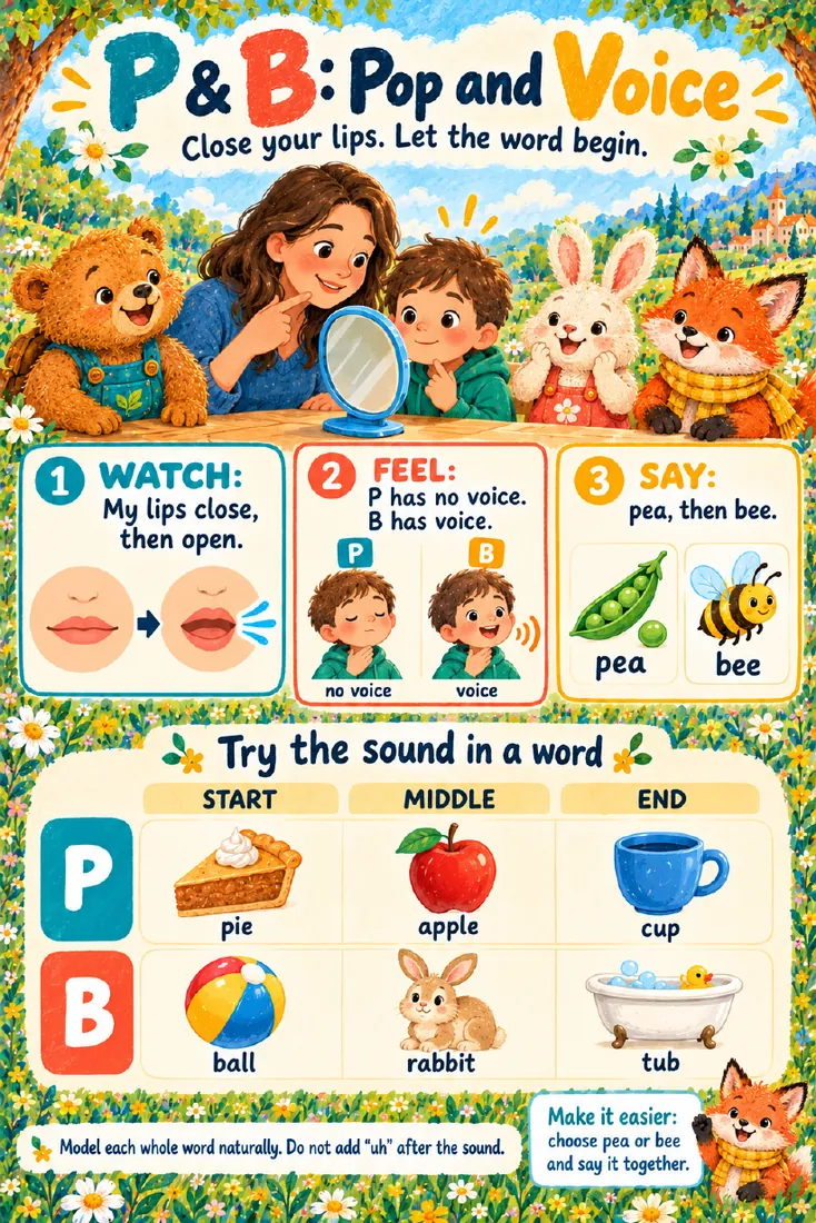 Kit page 'P & B: Pop and Voice' showing lips closing, a voice-off vs voice-on clue, and pictures for pie, apple, cup, ball, rabbit and tub