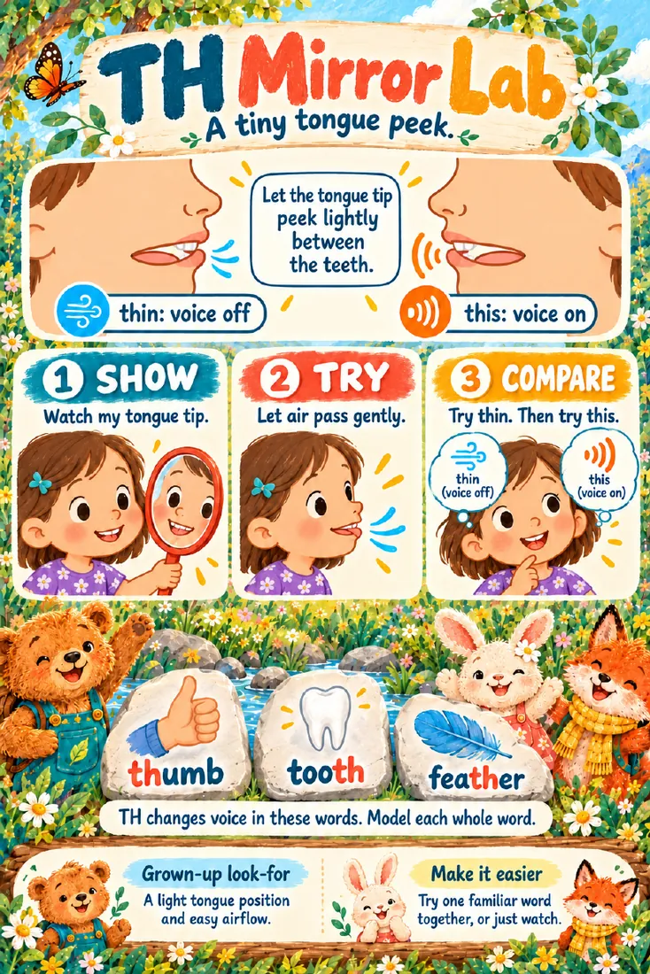 Kit page 'TH Mirror Lab' showing the tongue tip peeking between the teeth, with show, try and compare steps